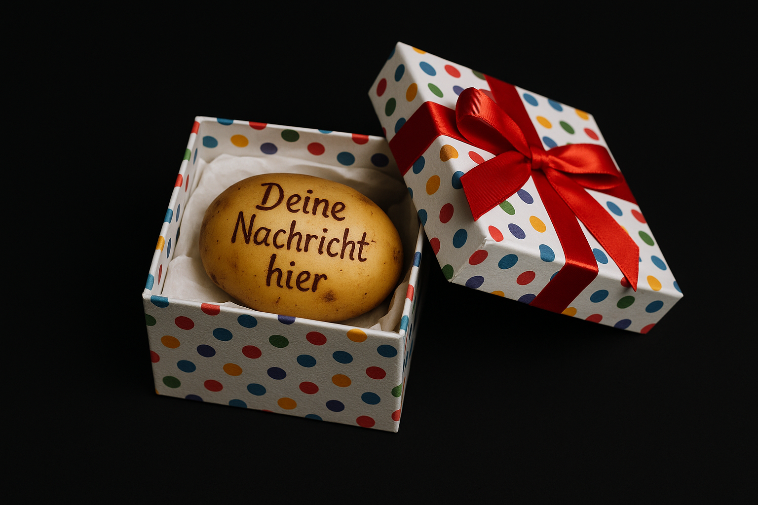 Patato with handwritten and a little curved text on it saying Deine Nachricht hier. Put the patato in a surprise gift box, make them smaller on the image and black background.